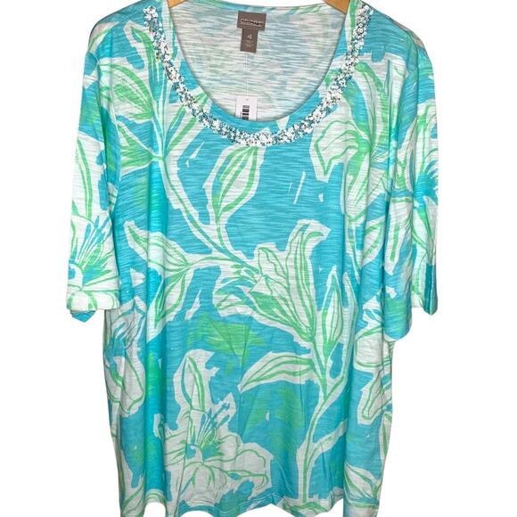 Chico's Top NWT Size 4 (2X) Floral Sequin Neck Coastal Grandma Elbow Sleeve - Picture 1 of 6